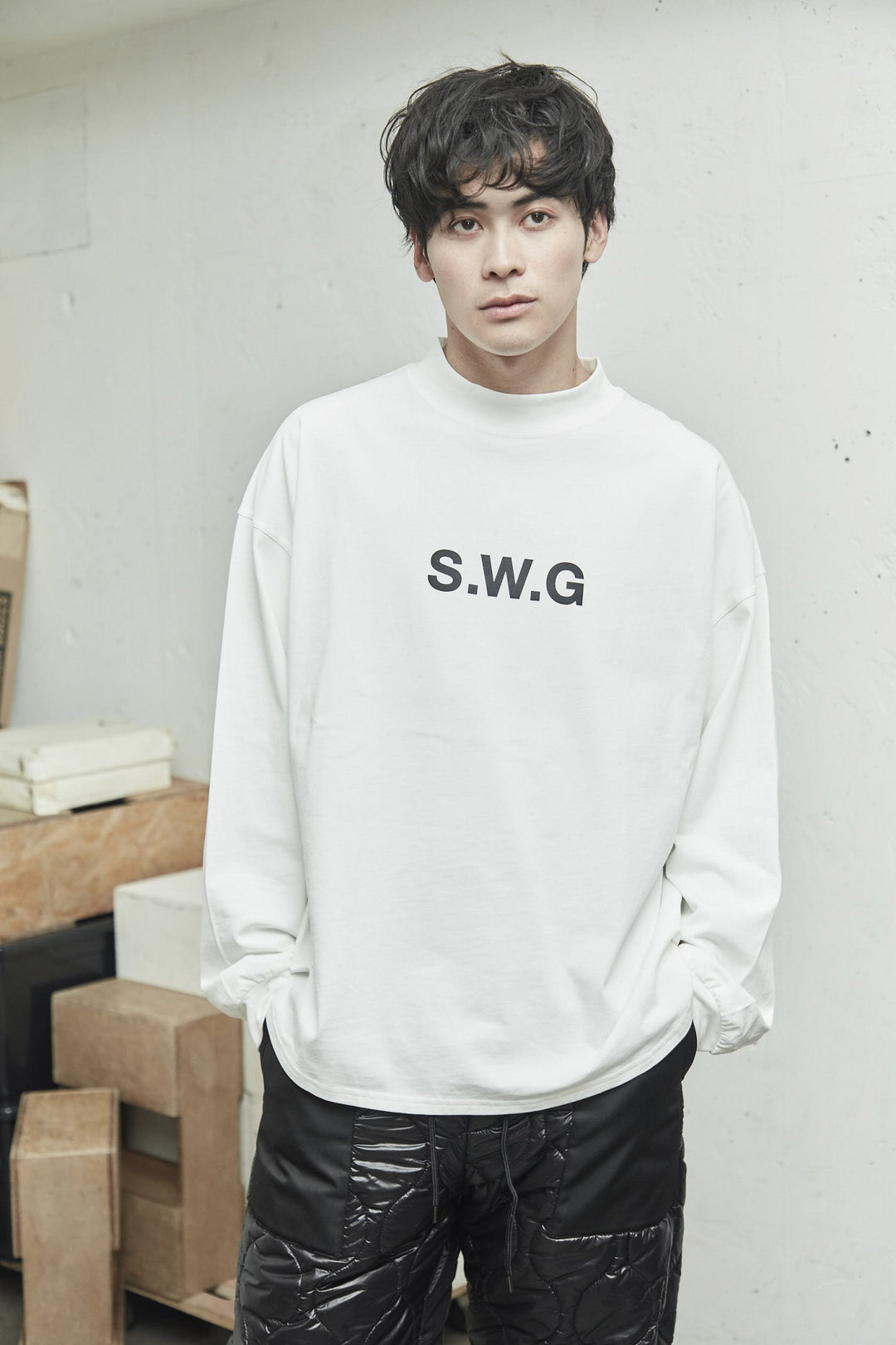 HI NECK LONG TEE, WHITE