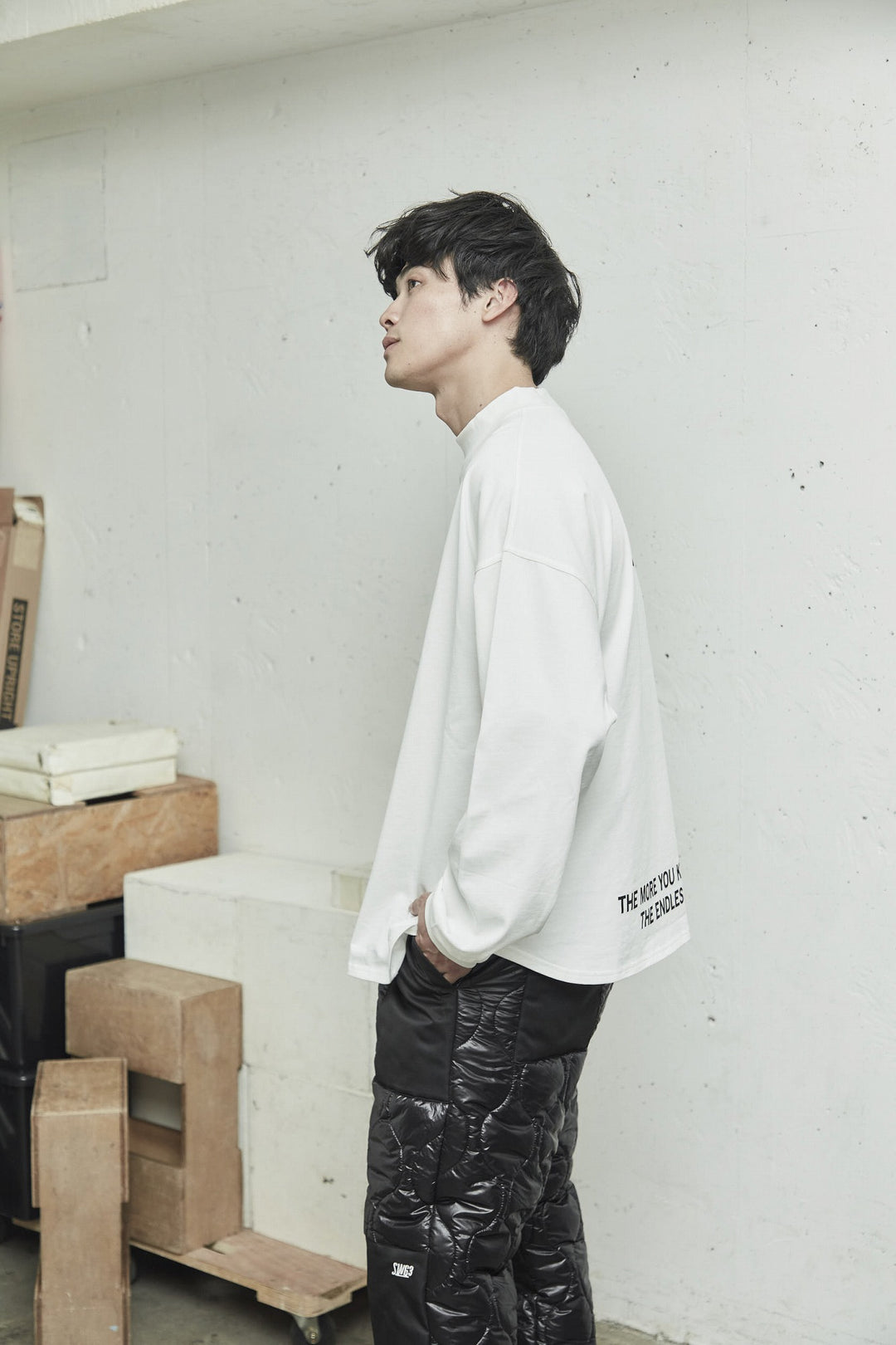 HI NECK LONG TEE, WHITE