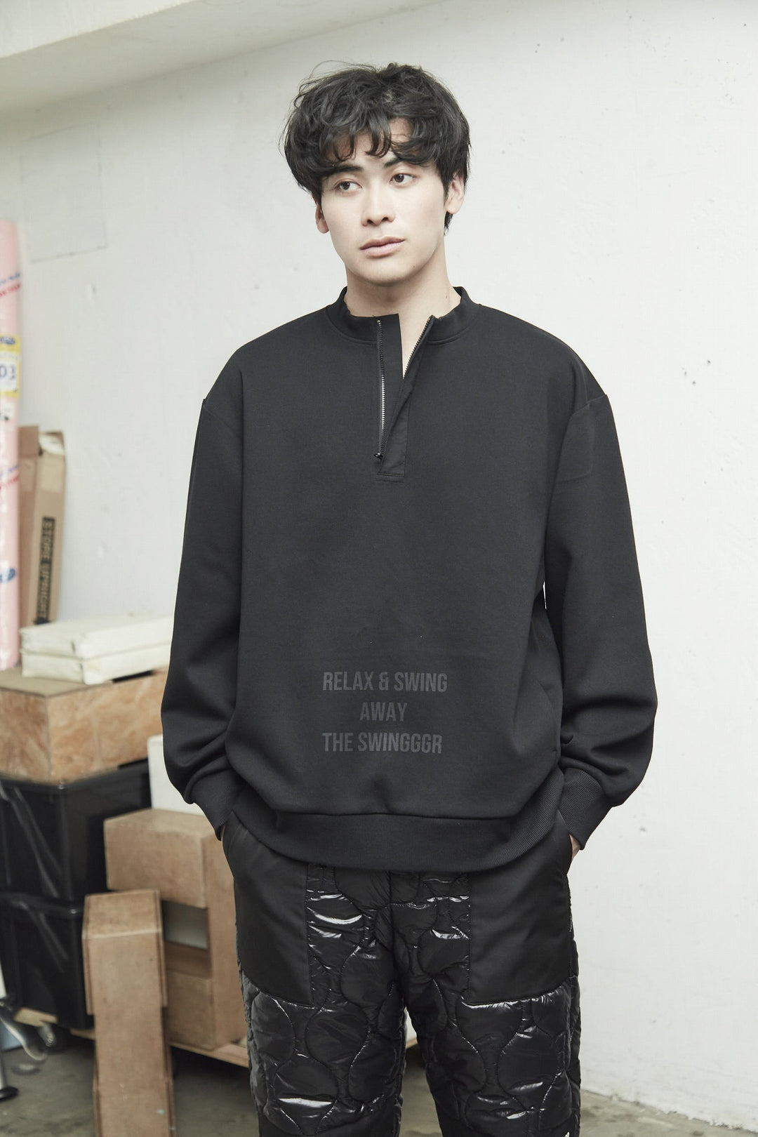 HALF ZIP SWEAT PO, BLACK