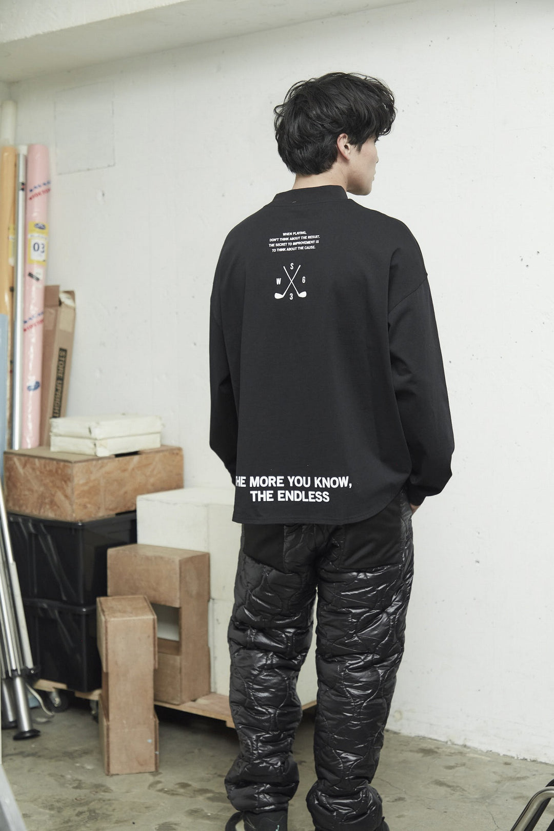 HI NECK LONG TEE, BLACK
