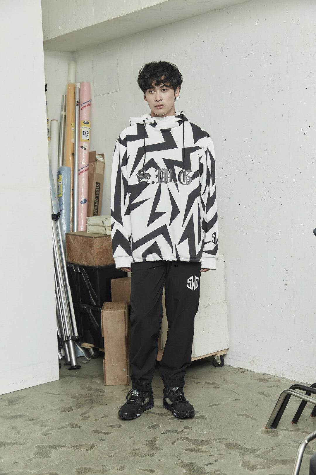 HI NECK HOODIE, WHITE&BLACK
