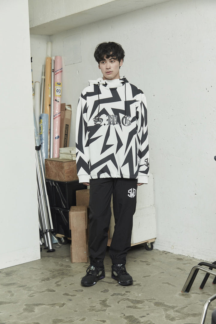 HI NECK HOODIE, WHITE&BLACK
