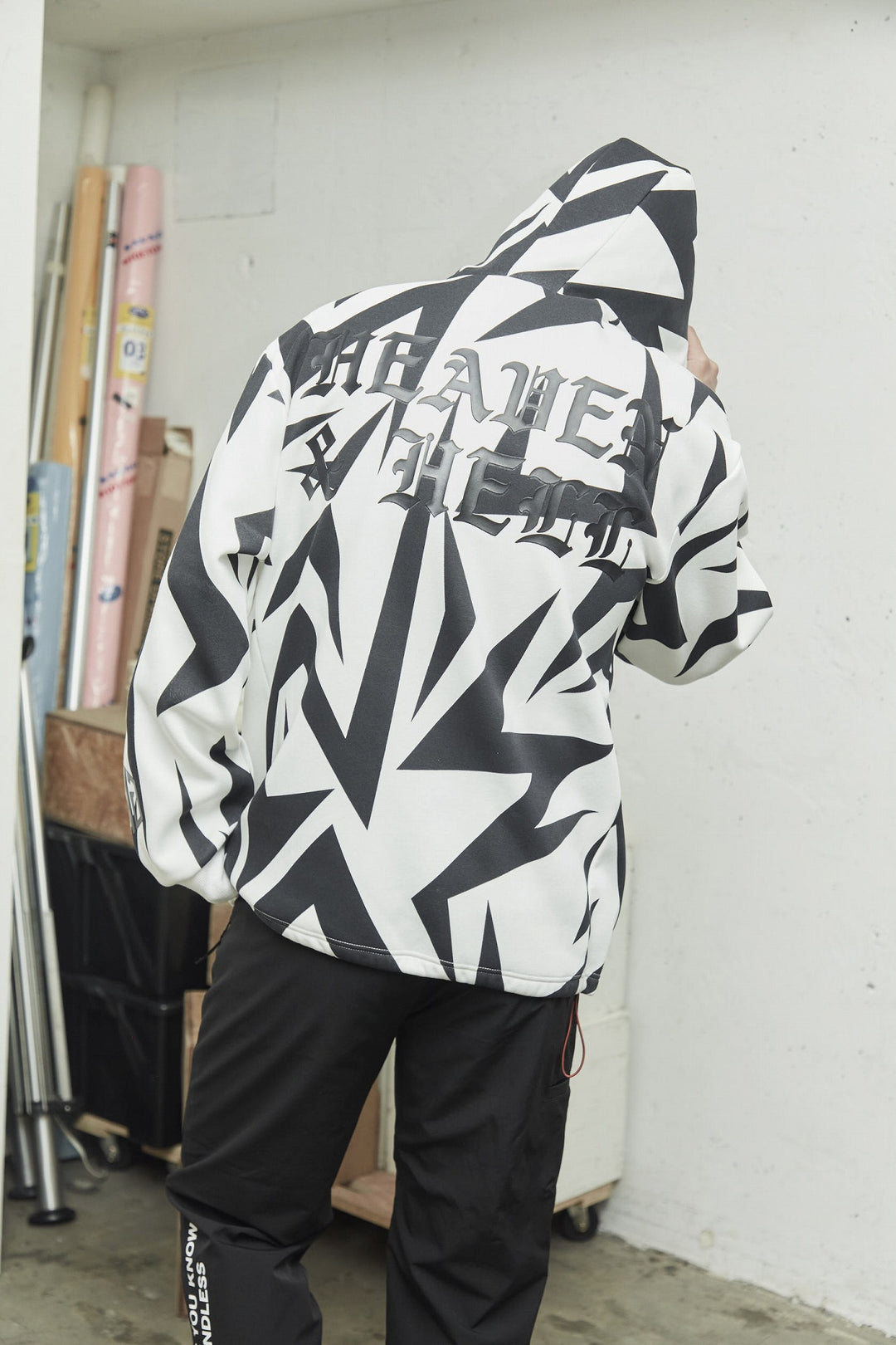 HI NECK HOODIE, WHITE&BLACK