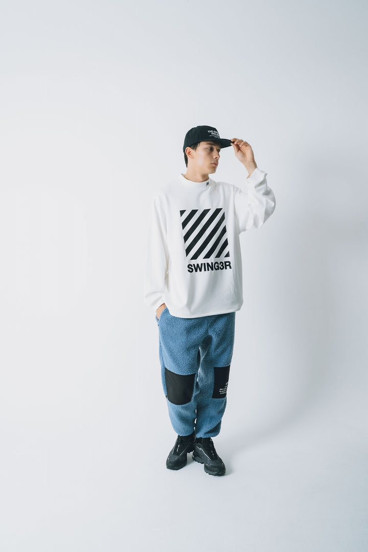 DIAGONAL LINE MOCK NECK L/TEE, WHITE
