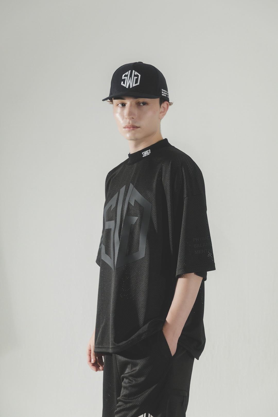 SWG MESH MOCK TEE, BLACK