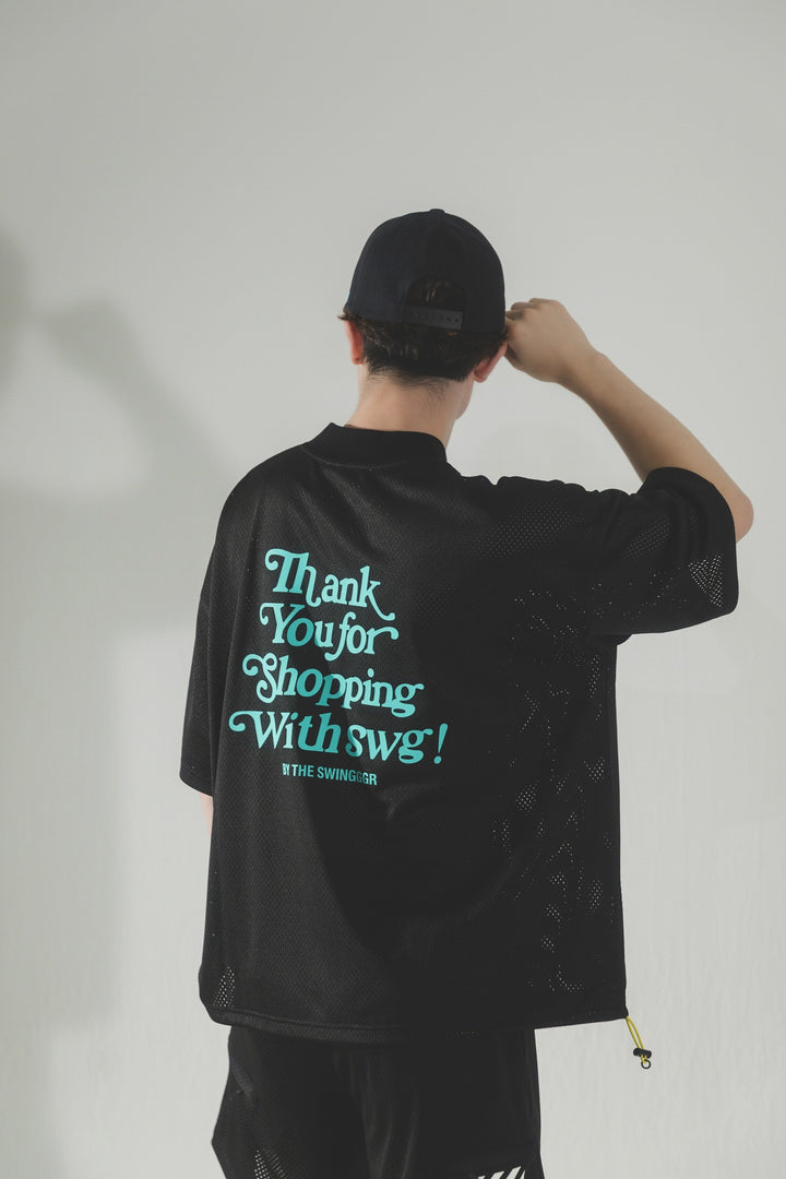 THANKS MESH MOCK TEE, BLACK